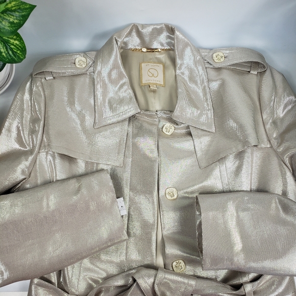 St. John Shimmering Silk Trench Tan / Silver w/ Belt & Pockets Couture sz 10 - Picture 10 of 15